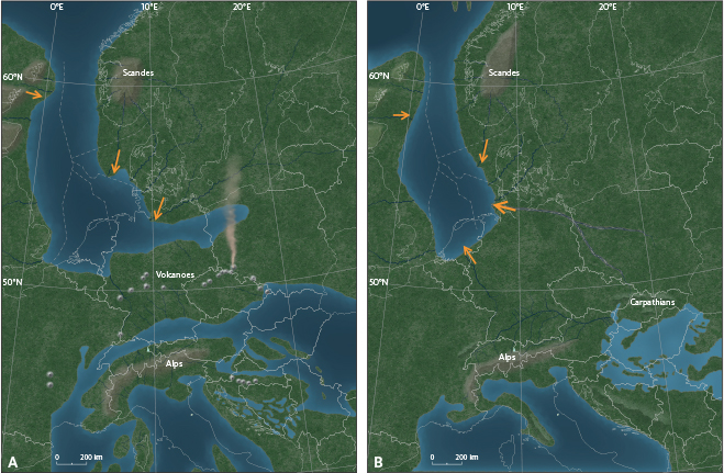Fig. 5 Palaeogeography of NW Europe during the Early (A) and Late Miocene (B); the arrows illustrate the dominant sediment transport directions. Note that during the Early Miocene, the Shetland Platform was the main source of sediments in the northern part of the North Sea whereas Scandinavia sourced the eastern portion of the North Sea; the Alps were disconnected from Central Europe at this time due to both an arm of the northern Tethys and uplift linked to volcanism. This pattern changed during the Late Miocene. Based on Kuhlemann (2007) and Rasmussen et al. (2008).