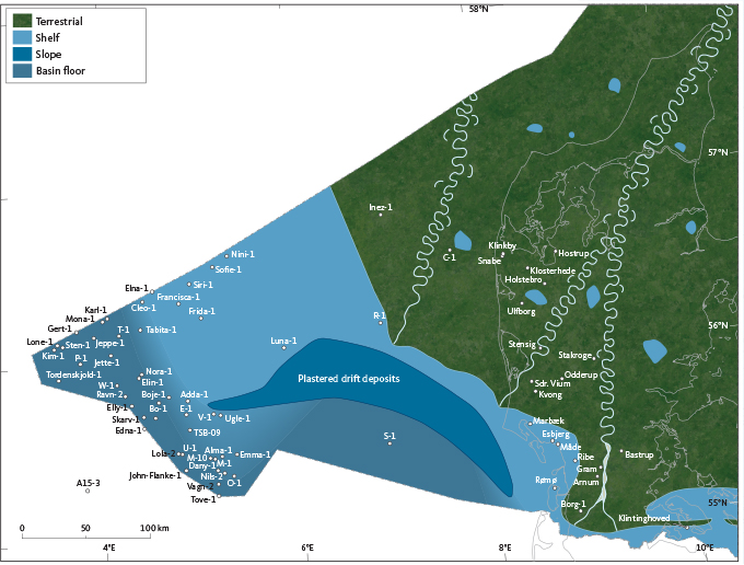 Fig. 6 Palaeogeographic reconstruction of the Lower Miocene delta systems in the eastern North Sea. Note that the main delta system was located across Jylland and the eastern portion of the North Sea, and that the associated contourite system predominates west of the main delta system.