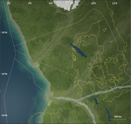 Fig. 7 Palaeogeographic reconstruction of the Pliocene Eridanos delta. The development of delta systems in Central Europe was strongly associated with the Alpine Orogen. Note snow in Scandinavia. The indicated locations of rivers and lakes are arbitrary.