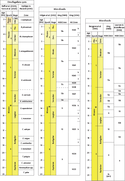 Fig. 9 Dinocyst zonation and foraminifera zonations for the Miocene and Pliocene succession offshore Denmark. Modified from Dybkjær & Piasecki (2010) and King (2016). The chronostratigraphy is based on the cited sources. The ages of the stage boundaries in the dinocyst zonation are from Raffi et al. (2020) combined with Turco et al. (2024). The correlation of benthic foraminifera zones for the North Sea (King 1989) and onshore Denmark is from Laursen & Kristoffersen (1999).