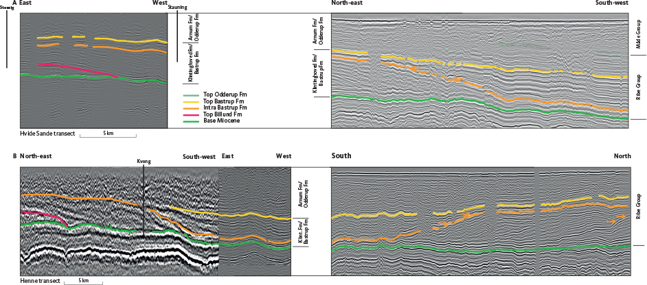 Fig. 11 Two seismic composite sections across the onshore–offshore area in Denmark showing the overall architecture of the Neogene (Miocene) succession onshore and in the easternmost offshore area, the Ringkøbing–Fyn High area. Note how the progradational and aggradational packages can be recognised across the shoreline. The locations of the cross-sections are shown in Fig. 2B.