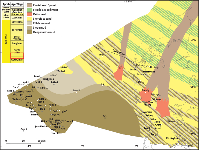 Fig. 17 Distribution of the Klintinghoved, Bastrup and Dany Formations (stratigraphic interval indicated by red box) illustrated in terms of their dominant sedimentary associations: the floodplain sediment and the channel-, delta- and shoreface sand are referred to the Bastrup Formation; the offshore mud is referred to the Klintinghoved Formation; the slope mud and deep marine mud are referred to the Dany Formation. Neogene deposits of this age have been removed by erosion east of the truncation line indicated in the offshore area; the distribution of sedimentary associations east of this line (and north-east of the onshore outcrops/wells) is hypothetical. The striped belts indicate areas that are inferred to have experienced shifting depositional settings during the late Aquitanian – early Burdigalian.