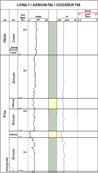 Fig. 19 The Luna-1 well is the North Sea reference section of the Arnum Formation, from 773.5 to 632 m MD and the Odderup Formation, from 732 to 724 m and 697 to 684 m MD. For legend, see Fig. 14.