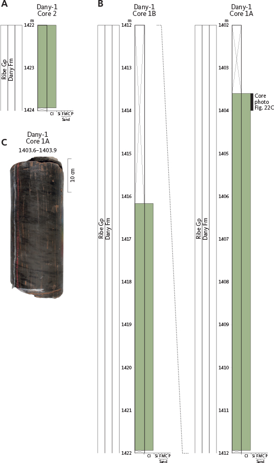 Fig. 22 Measured cored section of the Dany Formation in the Dany-1 well. (A): Core 2 and (B): Core 1A and 1B – see location on Fig. 21A (black bar). (C): Photo of the uppermost part of the core (depth interval in metres). The state of these cores is rather poor due to intense sampling activity; sedimentary structures and lithology variations are therefore obscured. For legend, see Fig. 14.