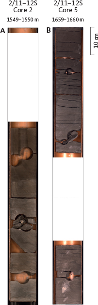 Fig. 25 Core section from the Norwegian well 2/11-12S showing the diatomite of the Nora Formation. (A): Core 2. (B): Core 5. The brownish colour is due to oil contamination.