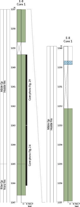Fig. 28 Measured cored section from the E-8 well of the Hodde Formation. The location of the lower boundary in the core is shown in Fig. 24. Note that the sediment is totally bioturbated. For legend, see Fig. 14.