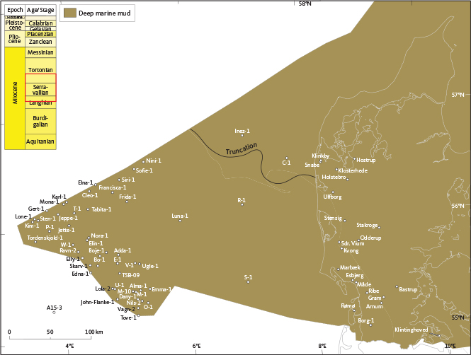 Fig. 30 Distribution of the Hodde, Ørnhøj and Gram Formations (stratigraphic interval indicated by red box), illustrated in terms of their dominant sedimentary association: these formations consist exclusively of deep marine mud. Neogene deposits of this age have been removed by erosion east of the (black) truncation line indicated in the offshore area; the distribution of sedimentary associations east of this line (and north-east of the onshore outcrops/wells) is hypothetical.