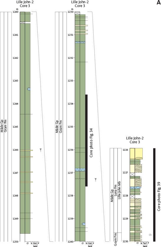Fig. 33 Measured section of the Gram Formation from the Lille John-2 well; Core 3 (A) and Core 2 (B). For legend, see Fig. 14. Note the two silt–sand-rich intervals at 1229.61 to 1225.14 m MD and 1198.37 to 1188.15 m MD, which are referred to the Lille John Member of the Luna Formation.