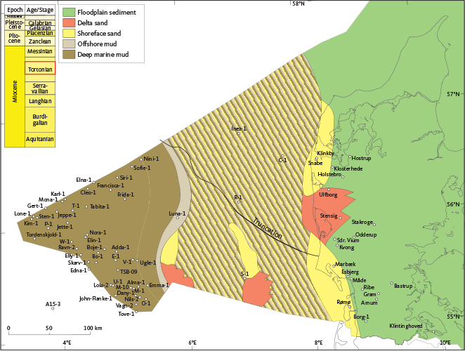 Fig. 35 Distribution of the Marbæk and Gram Formations (stratigraphic interval indicated by red box), illustrated in terms of their dominant sedimentary associations: The floodplain sediments and the delta and shoreface sand are referred to the Marbæk Formation; the offshore mud and the deep marine mud are referred to the Gram Formation. Neogene deposits of this age have been removed by erosion east of the truncation line indicated in the offshore area; the distribution of sedimentary associations east of this line (and north-east of the onshore outcrops/wells) is hypothetical. The striped belt indicates an area that is inferred to have experienced shifting depositional settings during the Tortonian.