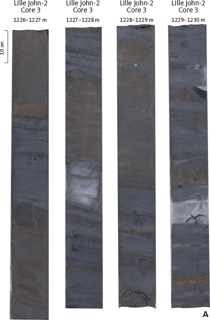 Fig. 39 Core images of the lower silt–sand interval of the Lille John Member in the Lille John-2 well (location of core shown in Fig 33A). Note the sharp bases of all silt and sand beds. Note also the grading of laminae (arrows) in B. The fining–coarsening and coarsening–fining upward small-scale cycles indicate a complex flow behaviour typically interpreted as hyperpycnal flows (Zavala & Arcuri 2016). Slabbed core under normal light (A) and UV light (B). CR: Climbing ripples. HCS: Hummocky cross-stratification.