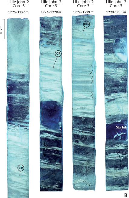Fig. 39 Core images of the lower silt–sand interval of the Lille John Member in the Lille John-2 well (location of core shown in Fig 33A). Note the sharp bases of all silt and sand beds. Note also the grading of laminae (arrows) in B. The fining–coarsening and coarsening–fining upward small-scale cycles indicate a complex flow behaviour typically interpreted as hyperpycnal flows (Zavala & Arcuri 2016). Slabbed core under normal light (A) and UV light (B). CR: Climbing ripples. HCS: Hummocky cross-stratification.