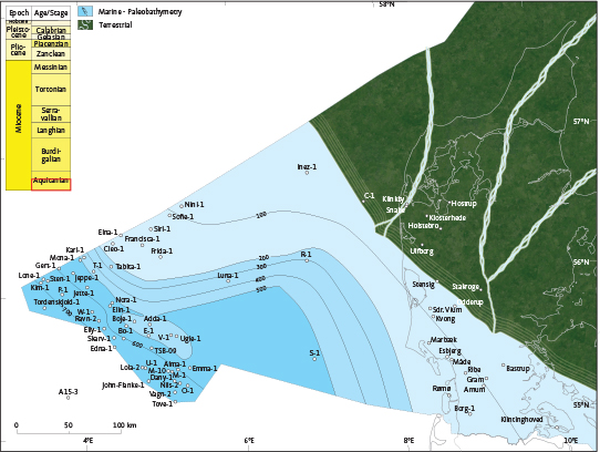 Fig. 51 Palaeogeographic reconstruction of the Danish area during the early Aquitanian (stratigraphic interval indicated by the red box). This map shows the situation during the maximal progradation of the Billund Formation. Braided rivers from the Fennoscandian area transported large amounts of sediment to the delta systems and the North Sea area. The proximal parts of the basin were characterized by deposition of muddy contourites plastered on the slope while in the more distal parts of the basin, the lower part of the Dany Formation was deposited.