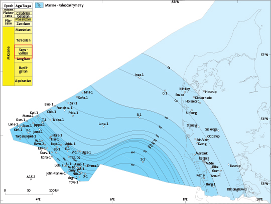 Fig. 54 Palaeogeographic reconstruction of the Danish area during the late Langhian and Serravalian (stratigraphic interval indicated by the red box). This map shows the situation during the maximal transgression of the Danish area during the Miocene leading to the deposition of the Hodde and Ørnhøj Formations. All of the Danish area was presumably flooded during this time interval.