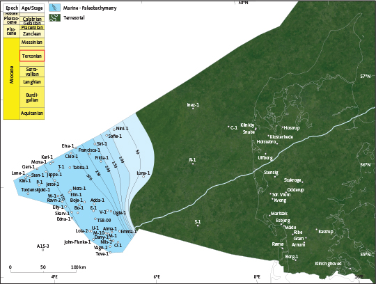 Fig. 55 Palaeogeographic reconstruction of the Danish area during the early and middle Tortonian (stratigraphic interval indicated by the red box). This map shows the situation during the maximal progradation of the Marbæk Formation. The coastline prograded far westwards and rivers from the Fennoscandian area continued to transport sediments from Fennoscandia to the North Sea area. In the more distal parts of the basin, the marine Gram Formation was deposited.