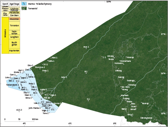 Fig. 56 Palaeogeographic reconstruction of the Danish area during the Messinian (stratigraphic interval indicated by the red box). This map shows the situation during the maximal progradation of the Luna Formation. The coastline had now moved into the central parts of the basin and rivers from the Fennoscandian area continued to transport sediments from Fennoscandia to the North Sea area. In the most distal parts of the basin, the marine Gram Formation was deposited.