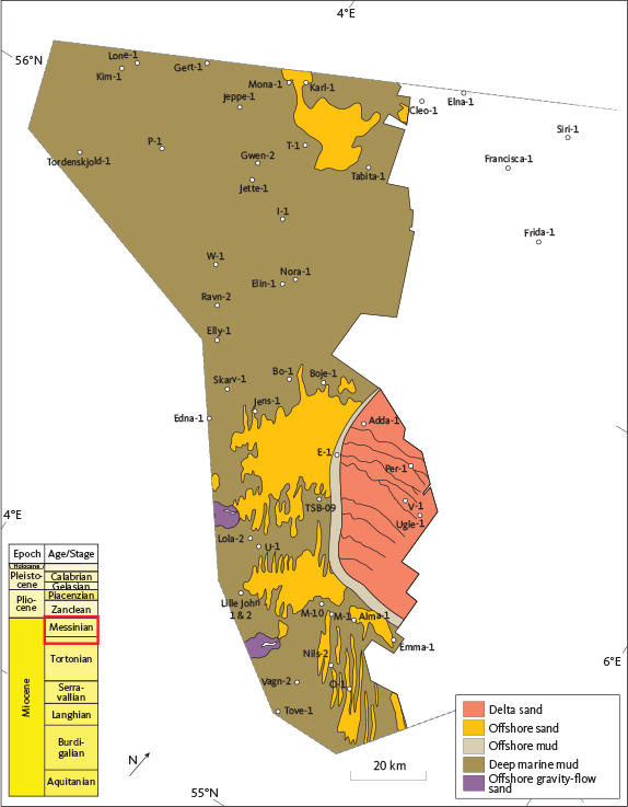 Fig. 58 Enlarged lithofacies map of the Luna Formation. Note the reworking of fans (gravity-flow deposits) into elongated bars due to current activity on the sea floor. These data are based on seismic attribute analysis.