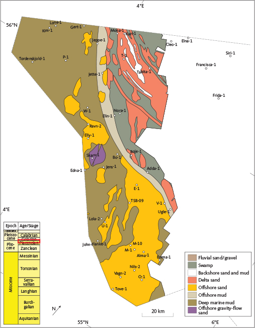 Fig. 60 Enlargement of the lithofacies of the Elin (red signature) and Emma (orange signature) Formations (see Fig. 44). Note the curved character of the Elin Formation sand bodies (lobate shape); these units probably represent amalgamated beach ridges of a prograding delta. The stratigraphic level is indicated by the red box.