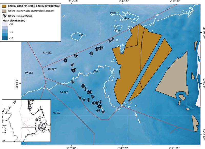 Fig. 1 Map overview of the Danish North Sea (DNS) and some of the offshore activities in the area (Danish Maritime Authority 2023). Base map projection: ETRS89 UTM zone 32N. Background map: EMODnet Bathymetry. EEZ: Exclusive Economic Zone. No: Norway. DK: Denmark. DE: Germany. NL: Netherlands. UK: United Kingdom. Red lines indicate EEZs.