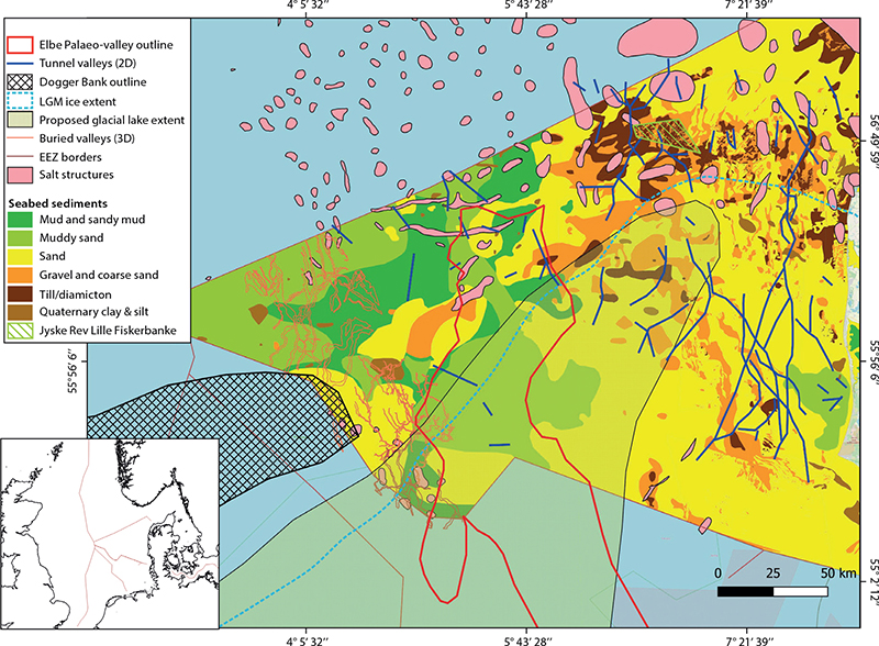 Fig. 3 Overview of the different geosystems at various stratigraphic depths in the Danish North Sea (DNS). EEZ: Exclusive Economic Zone. LGM: Last Glacial Maximum.