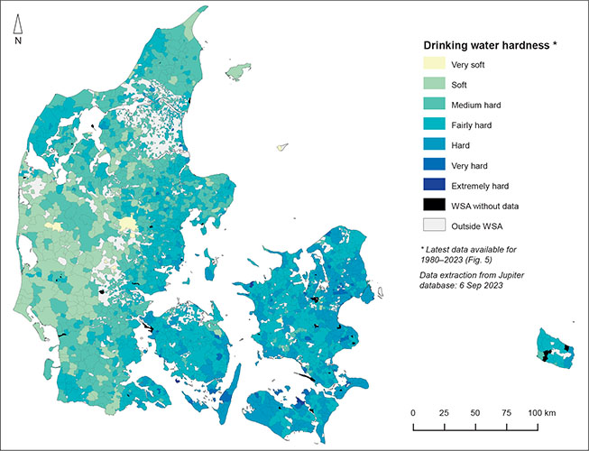 Fig. 4 Drinking water hardness at the water supply area (WSA) of public waterworks in Denmark, according to the most recently available data between 1980 and 2023. Data extracted from the Jupiter database 6 September 2023. Data available in Supplementary File S6.