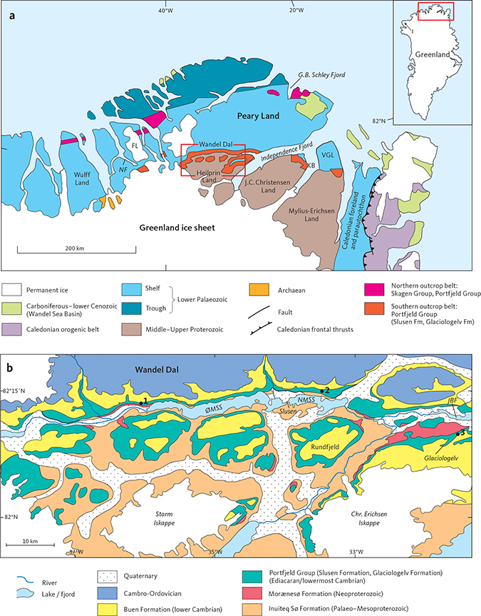 Fig. 1 Geological maps. a: The southern and northern outcrop belts of the Portfjeld Group across North Greenland; inset shows the location of the study area and Inglefield Land (I) in northernmost Greenland. FL: Freuchen Land. KB: Kap Bernhard. NF: Nordenskiöld Fjord. VGL: Valdemar Glückstadt Land. Red box indicates type area (Fig 1b). b: The type area of the Portfjeld Group in southern Peary Land and Heilprin Land; modified from the digital Greenland geological map at a scale of 1:500 000 (Kokfelt et al. 2013). The locations (1–3) of the type and reference sections of the new formations (Slusen Formation, Glaciologelv Formation) are indicated: (1): Type Slusen Formation, reference Glaciologelv Formation. (2): Type Glaciologelv Formation, reference Slusen Formation. (3): Reference Glaciologelv Formation. JBF: Jørgen Brønlund Fjord. NMSS: Nedre Midsommersø. ØMSS: Øvre Midsommersø.