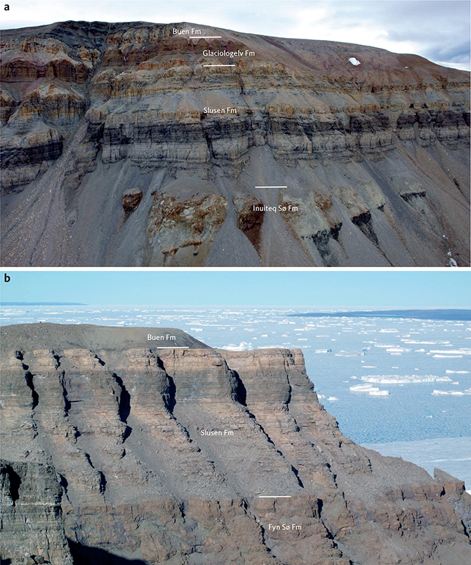 Fig. 11 a: Portfjeld Group at northern Rundfjeld, south of Nedre Midsommersø, showing the basal unconformity overlying Independence Fjord Group quartzites and sills (dark, right); central conglomeratic wedge in the Inuiteq Sø Formation potentially related to pre-Portfjeld Group faulting (see Fig. 7). b: The Slusen Formation at Kap Bernhard, NE J.C. Christensen Land (Fig. 1a), unconformably overlies the karstified(?) Fyn Sø Formation (Neoproterozoic Hagen Fjord Group) and is overlain at a sharp flat unconformity by the Buen Formation. The Glaciologelv Formation is absent in this eastern area.