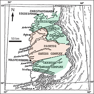 Fig. 1 Original overview map of the Nagssugtoqidian from Ramberg (1949), with their place name spellings, showing the proposed subdivision of the Precambrian rocks between Kangaamiut (Kangâmiut in the figure) and Qasigiannguit (Christianshaab in the figure) in West Greenland. The Isortoq gneiss complex is in granulite facies, while the adjoining Ikertoq and Egedesminde gneiss complexes are in amphibolite facies. Slightly modified from Ramberg (1949).