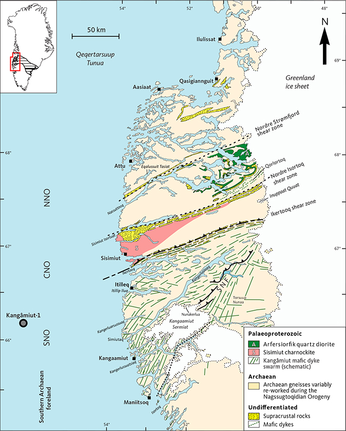 Fig. 2 Simplified geological map of West Greenland, showing the internal subdivisions of the Nagssugtoqidian orogen (SNO: southern Nagssugtoqidian orogen, CNO: central Nagssugtoqidian orogen, NNO: northern Nagssugtoqidian orogen, after Marker et al. 1995). The Kangâmiut dykes investigated in this study occur from 65°10´N to 67°45´N. North of Itillip Ilua and the Southern Nagssugtoqidian Front (SNF), country rocks are largely Archaean orthogneisses and minor supracrustal rocks, which are all variably to completely reworked during Nagssugtoqidian orogenesis. The thin stippled line at Kangaamiut Sermiat traces the Aujassoq shear zone (“Aujassoq-Evighedsfjord shear belt” of Allaart & Jensen 1978). ‘Kangâmiut-1’ is the location of the well drilled in 1976 by the French oil company Total. Black triangles: thrust faults. Inset map shows the extent of the Nagssugtoqidian orogen across southern Greenland. Slightly modified from Korstgård et al. (2024) and includes information from Escher (1971) and Allaart (1982).