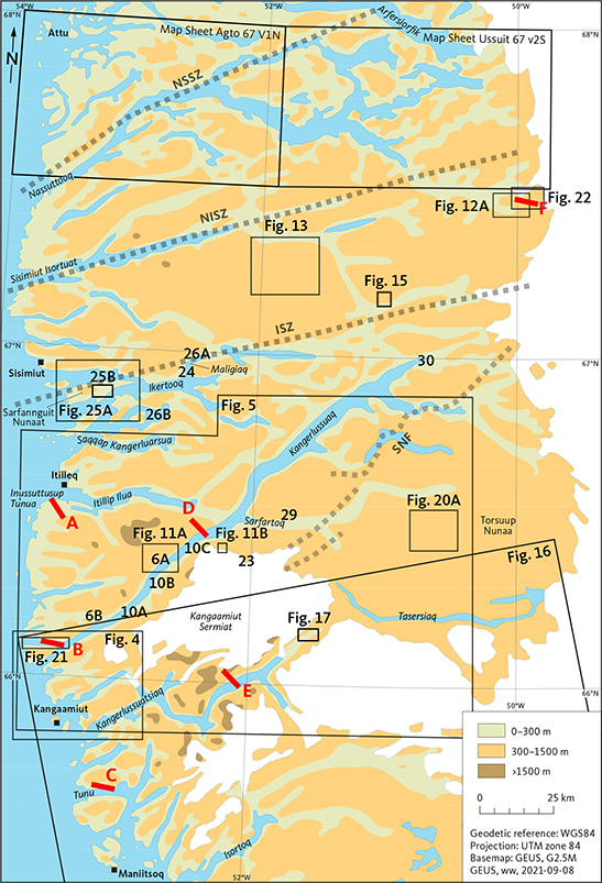 Fig. 3 Index map showing the locations of figures, photos and place names cited in the text. Extents of aerial photos and maps are shown with the prefix ‘Fig’. Location of field photographs and other displays are shown by the figure number. Red lines: trends and lengths of transects A–F are shown schematically. Grey stippled lines: simplified major tectonic boundaries.