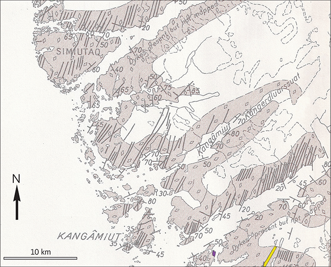 Fig. 4 Original reconnaissance map from Noe-Nygaard & Ramberg (1961), with their place name spellings. Location in Fig. 3. Diagonal shading with diamond symbols: Agmatitic hypersthene-gneiss and pyroxene-gneiss of enderbitic to quartz-dioritic composition. Black lines: observed Kangâmiut dykes. Purple shading: Ultrabasic rocks (lower right of map). Yellow shading: Granulite facies metasediments (lower right of map). Slightly modified from Noe-Nygaard & Ramberg (1961).