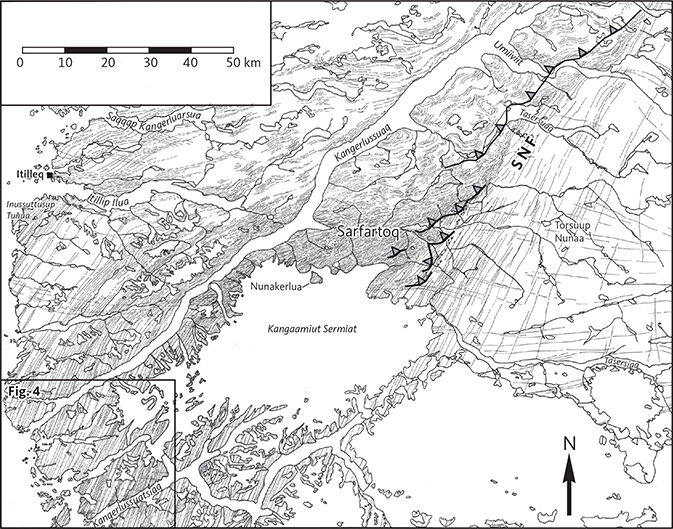 Fig. 5 Original map of Kangâmiut dykes from Escher et al. (1975). Location in Fig. 3. The frame in the SW corner shows the area covered by Fig. 4. SNF: Southern Nagssugtoqidian Front. The trace of the SNF from Escher et al. (1975) and mapping by Hageskov (1995a, 1995b) and Olsen (2000). Modified from Korstgård et al. (2024).