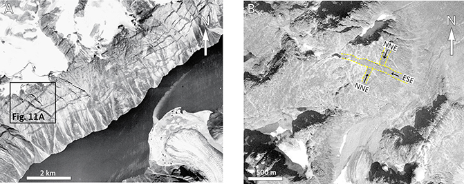 Fig. 6 Aerial photographs of Kangâmiut dykes. Locations in Fig. 3. A: Aerial photo F1946. Kangâmiut dykes hosted by amphibolite facies gneisses in Kangerlussuaq c. 57 km from the mouth of the fjord. Width of the fjord SW of the delta lobe is 2.4 km. The frame indicates the extent of the outcrop shown in Fig. 11A. B: Aerial photo E3116. Kangâmiut dykes in granulite facies host gneiss showing a clear intersection between NNE and a later ESE dyke, north shore of Kangerlussuaq, 20 km from the mouth of the fjord. The ESE-trending dyke is 80 m wide.