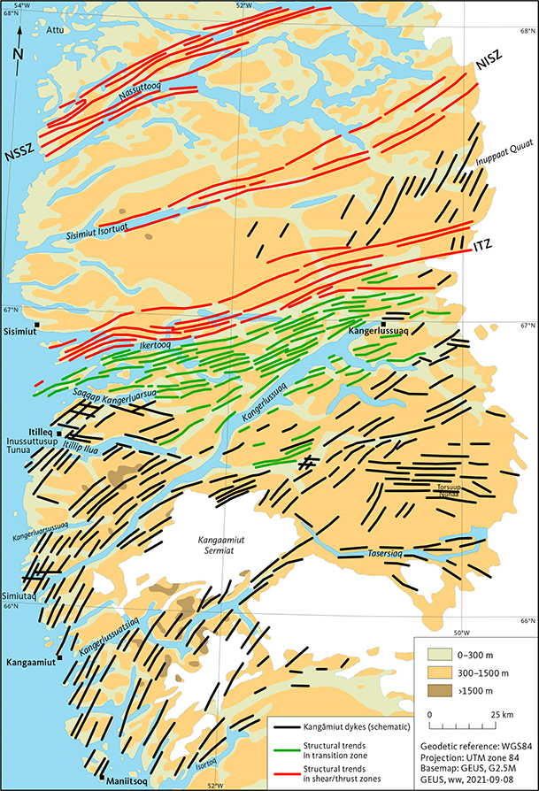 Fig. 7 Major Nagssugtoqidian structures and generalised trends of dykes based on interpretation of aerial photos. This map is a simplified version of Supplementary File S1. Red lines: structural trends in the major shear and thrust zones. Black lines: general trend of dykes where observable as continuous, intrusive bodies. Green lines: gneiss trends in the area south of the Ikertooq shear zone (ISZ), where gneiss structures and highly deformed dykes are parallelised. NSSZ: Nordre Strømfjord shear zone. NISZ: Nordre Isortoq shear zone.