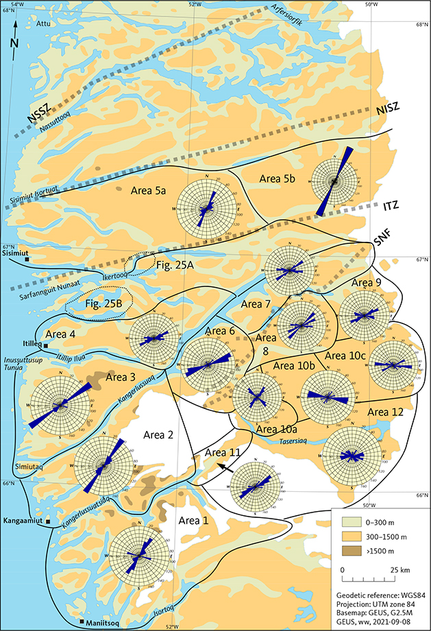 Fig. 8 Map showing the extent of Areas 1–12 with rose diagrams of dyke orientations for each area. Grey stippled lines: simplified major tectonic boundaries. NSSZ: Nordre Strømfjord shear zone, NISZ: Nordre Isortoq shear zone, ISZ: Ikertooq shear zone, SNF: Southern Nagssugtoqidian Front.