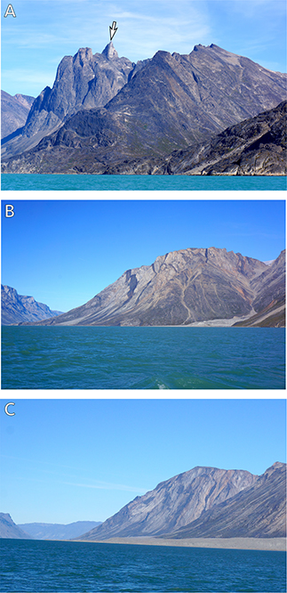 Fig. 10 Field photographs showing the three stages – A to B to C – in the progressive deformation of the Kangâmiut dykes as seen in outcrops along the south shore of Kangerlussuaq. Locations of photos in Fig. 3. A: The arrow points to the peak named ‘Stoppenålen’, the NW face of which (left side in image) is formed by a NNE dyke dipping c. 80° NNW. Viewing direction is ENE. B: Dykes strike NE and dip c. 50 degrees to NW. Viewing direction NE. C: Dykes strike ENE and dip c 45 degrees to the NNW. Viewing direction ENE. In all three photos, the peaks are 1000–1300 m above sea level. Photos courtesy of Simon Mose Thaarup, taken in 2016.