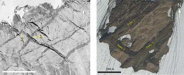Fig. 11 Examples of mutually intersecting dykes. A: ESE-dyke cutting (at ‘1’) and being cut (at ‘2’) by NNE dykes. Cliff face is c. 1.3 km wide. Width of the widest dyke c. 50 m. Location in Figs 3, 6a. Source: Aerial photo F1946. B: ESE dyke (Dyke 2) cutting as well as being cut by NNE dykes (Dyke 1 and Dyke 3). Image is 1 km wide. Dykes are 50–60 m wide. Location in Fig. 3. Source: Google Earth.