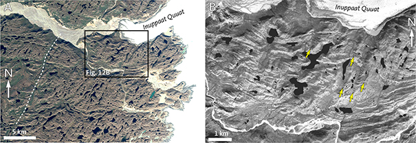 Fig. 12 Dykes in the eastern part of Area 5b (location in Fig. 8). These dykes are informally named the Inuppaat swarm after the Inuppaat Quuat glacier visible in the figure. A: Overview of the area. Stippled white line is a major lineament referred to in the text. EOX image. Box shows the extent of Fig. 12B. B: Aerial photo L0840 showing an enlarged view of several large dykes of the Inuppaat swarm. Dykes that are readily visible at this scale are indicated by arrows. Widest dyke is 120 m.