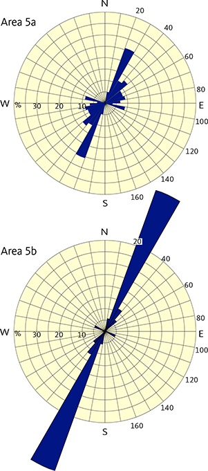 Fig. 14 Rose diagrams showing dyke orientations in Areas 5a and 5b. Locations in Fig. 8. Rose diagram construction described in Fig. 9.