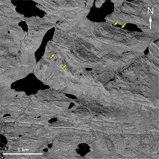 Fig. 15 NNE–NE-trending dykes immediately north of the eastern extension of the Ikertooq shear zone (ISZ). Limited colour contrast between dykes and gneisses suggests that host rocks are in granulite facies. A few dykes are indicated with arrows. The southern part of the image shows the E–W trend of the ISZ. Location in Fig. 3. Source: aerial photo K0349.
