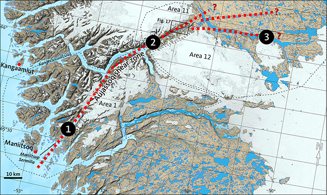 Fig. 16 Location of the Aujassoq shear zone (red dashed lines) relative to the areas and place names cited in the text. 1: Maniitsup Sermilia fjord. 2: Elephant Foot Valley (informal name). 3: lake Tasersiaq. The extent of Areas 1, 11 and 12 is also shown. Location of map shown in Fig. 3. ?: question marks indicate potential continuations of the Aujassoq shear zone.