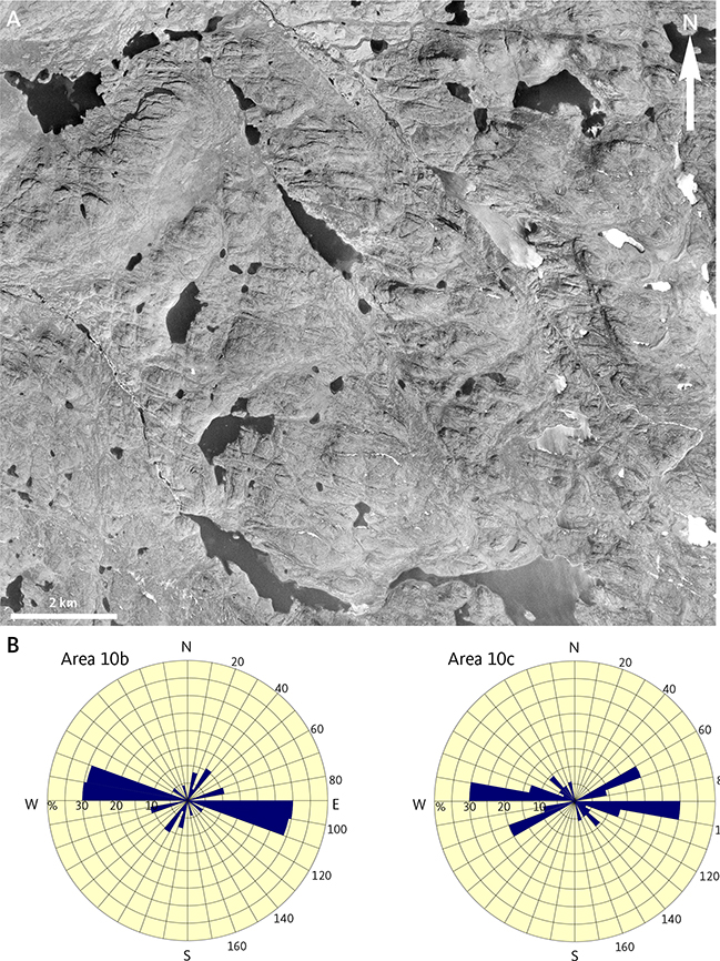 Fig. 20 The Torsuup swarm (informal name) of ESE dykes in Areas 10b and 10c. A: Aerial photo K1477 from the eastern part of Area 10b showing how dykes give rise to ESE-trending lineaments. N–S width of photo c. 13 km. Location in Fig 3. B: Rose diagrams showing dyke orientations in Areas 10b and 10c. Locations in Fig. 8. Rose diagram construction described in Fig. 9.