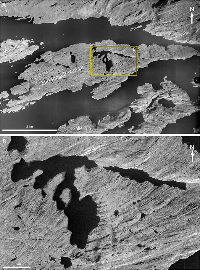 Fig. 25 Dykes on the island of Sarfannguit Nunaat, SE of Sisimiut as seen in aerial photo E3128. Location in Fig. 3. A: Zoomed out view. Area covered in panel B marked in yellow. B: High dyke density is visible in the central part of Sarfannguit Nunaat (width of image 7 km).