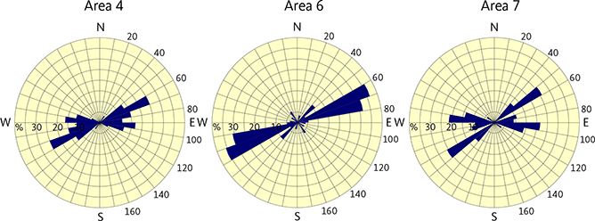 Fig. 27 Rose diagrams showing typical Nagssugtoqidian orientations of dykes in Areas 4, 6 and 7 representing the zone south of the corridor of highly parallelised dykes and gneiss structures in the Ikertooq shear zone and north of the Southern Nagssugtoqidian Front. The extent of these areas is shown in Fig. 8. Rose diagram construction described in Fig. 9.