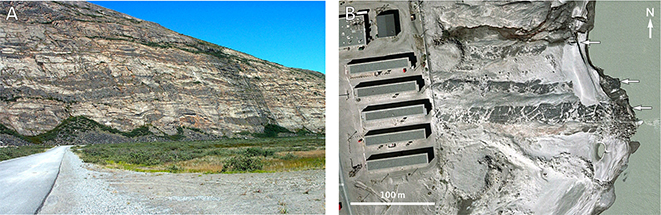 Fig. 30 Dykes visible near Kangerlussuaq airport. A: Strongly deformed dykes north of the runway. View towards NE, exposure is c. 525 m long. B: Weakly deformed subvertical 15–20 m wide E–W trending dykes SSE of runway (similar to the relationships in fig. 6B of Engström & Klint 2004). Major dykes indicated by arrows. Locations in Fig. 3. Source: Google Earth.