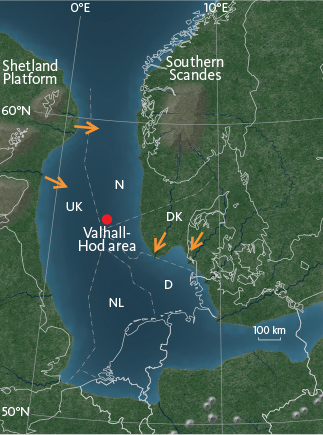 Fig. 1 Palaeogeography of the North Sea area in the Early Miocene. The red dot indicates the location of the study area. Arrows indicate sediment influx. The Valhall/Hod area was located in the central part of the basin. North Sea sectors are as follows: D: Germany. DK: Denmark. N: Norway. NL: Netherlands. UK: United Kingdom. Modified from Rasmussen et al. (2008).