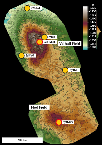 Fig. 2 Depth map to the top Miocene of the Valhall and Hod structures and locations of the six studied wells (yellow dots). Wells circled in red are cored. Credit: Aker BP.