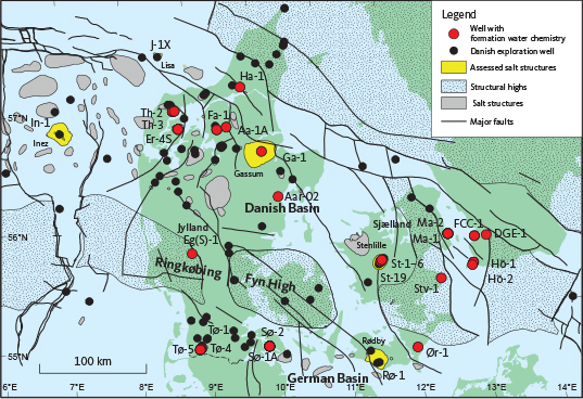 Click to Enlarge View Fig. 1 Location of wells and potential CO2 storage sites (structures) mentioned in the text. Well name abbreviations: ER-4S: Erslev-4S. Fa-1: Farsø-1. Ga-1: Gassum-1. Ha-1: Haldager-1. Hö-2: Höllviken-2. Hö-1: Höllviksnäs-1. In-1: Inez-1. FCC-1: Malmö/FCC-1. Ma-1: Margretheholm-1. Ma-2: Margretheholm-2. Rø-1: Rødby-1. St-1–6: Stenlille-1, Stenlille-2, Stenlille-3 Stenlille-4 Stenlille-5 and Stenlille-6. St-19: Stenlille-19. Stv-1: Stevns-1. Sø-1A: Sønderborg-1A. Sø-2: Sønderborg-2. Th-2: Thisted-2. Th-3: Thisted-3. Tø-1: Tønder-1. Tø-4: Tønder-4. Tø-5: Tønder-5. Ør-1: Ørslev-1. Aa-1A: Aars-1A. Aar-02: Aarhus-02.