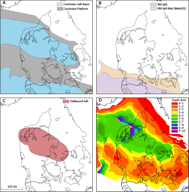 Click to Enlarge View Fig. 3 Maps showing extension of rock salt in (A) the Zechstein, (B) the Röt (Ørslev Formation), and (C) the Oddesund Formation and (D) the depth to the Pre Zechstein surface. A is modified after Geluk (2000), B after Kovalevych et al. (2002) and Vosgerau et al. 2016 (WebGIS Röt salt risk map that highlights a high-risk area for rock salt presence), C after Bertelsen (1980) and D after Vejbæk & Britze (1994).