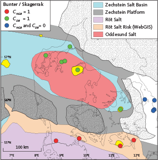 Click to Enlarge View Fig. 7 Assignment of the categorial contribution variables for North German Basin (CNGB) and Danish Basin (CDB) for the PLS regression analysis of Zechstein, Bunter Sandstone, Ørslev, Falster and Skagerrak brine samples. A value of 1 indicates the likely presence of interbedded rock salt and a value of 0 indicates the likely absence. Assessed potential CO2 structures (yellow) and wells are after Fig. 1.