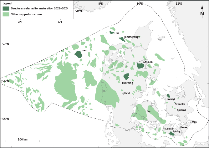 Click to Enlarge View Fig. 1 Map of the Danish structures with potential for geological storage of CO2 from the GEUS-led CCS2022–2024 project. The dark green structures (Stenlille, Havnsø, Rødby, Gassum, Thorning, Jammerbugt, Lisa and Inez structures) are mapped in the project. Outlines of the Lisa and Inez structures are modified from Hjelm et al. (2022). The dark green shading shows the extent of the deepest mapped closure of the Top Gassum Fm surface, except in the Rødby structure, where the deepest closure of the Top Bunter Sandstone Fm is delineated. The light green shading shows outlines of other structures, which may have potential for geological storage of CO2.